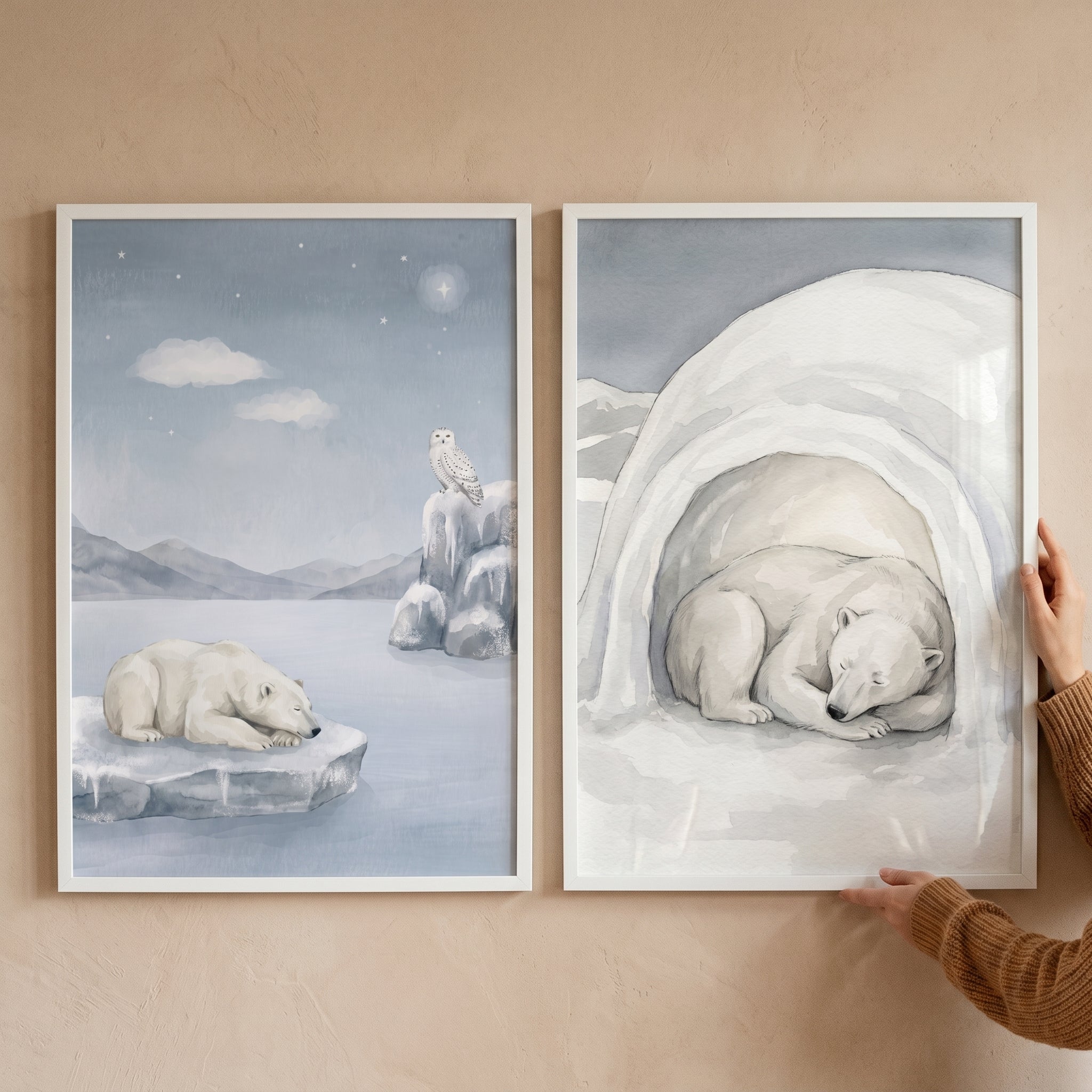 Watercolor Sleeping Polar Bear Wall Art Set of 2 - Icy Winter Slumber