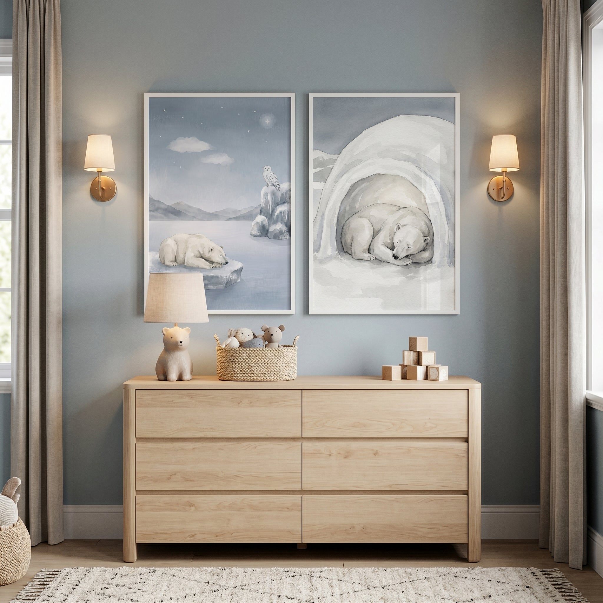 Watercolor Sleeping Polar Bear Wall Art Set of 2 - Icy Winter Slumber