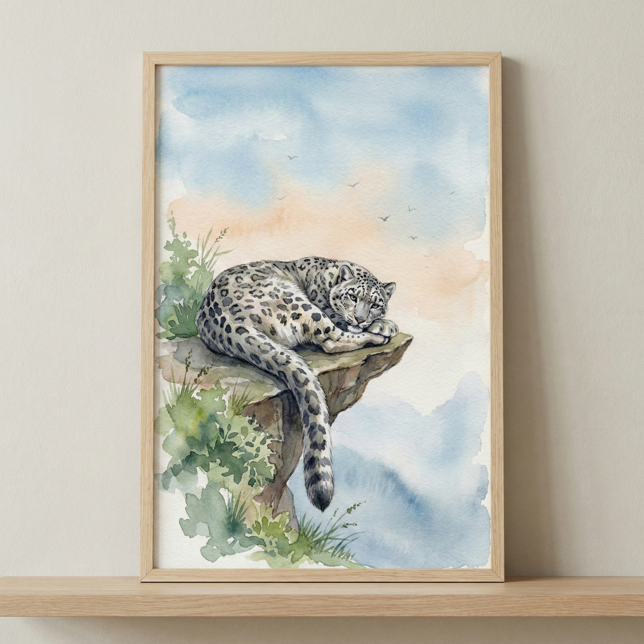 A framed watercolor-style illustration of a snow leopard resting on a rocky cliff. The large cat is curled up, looking peacefully toward the viewer, with its long, thick, spotted tail hanging over the edge of the ledge. The background features a soft, atmospheric sky with shades of blue and a hint of orange light. Sparse green plants grow on the cliffside. The artwork is in a light wood frame, sitting on a matching wooden shelf against a neutral-colored wall.