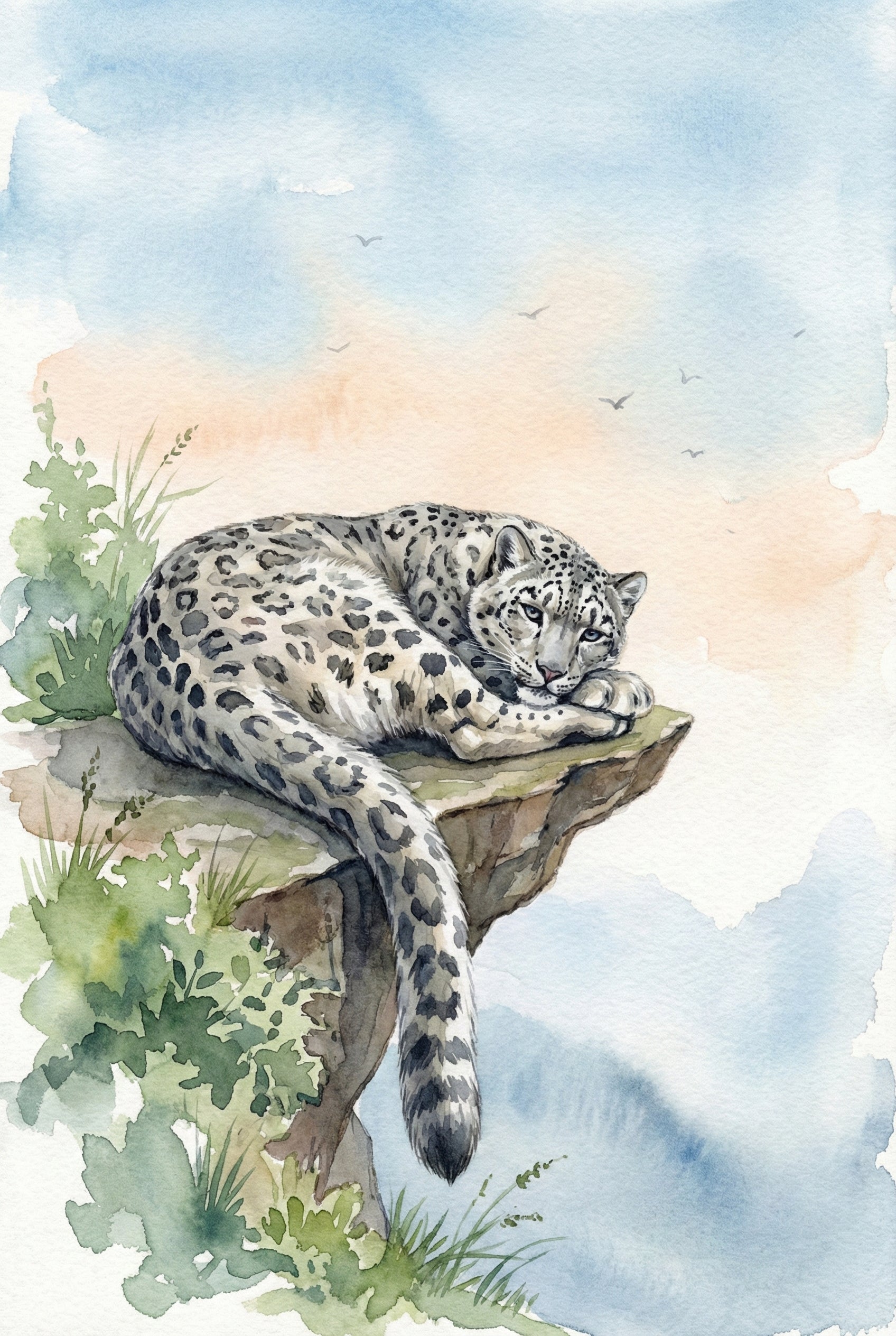 Watercolor Snow Leopard Art - Mountain Ledge Slumber