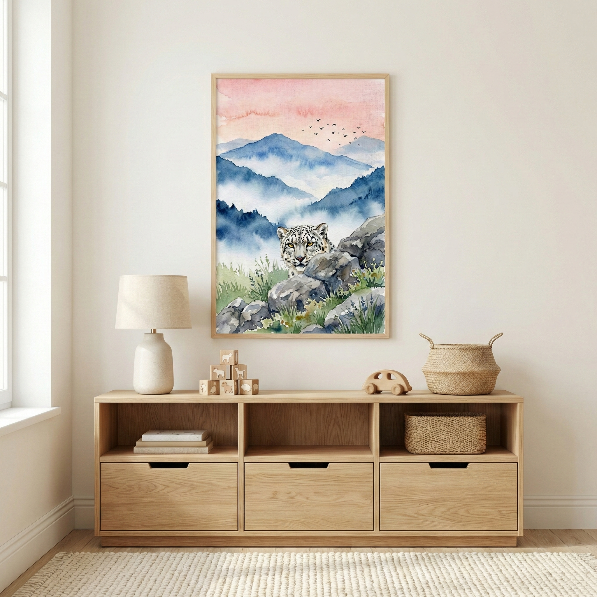 A framed watercolor-style illustration of a snow leopard hangs on a light-colored wall above a wooden sideboard. The leopard is shown peering over gray rocks in a mountain landscape with misty blue peaks and a soft pink and orange sky. The sideboard features three open compartments containing books, wooden blocks, and a woven basket, with three drawers underneath. A lamp with a white base and neutral shade sits on the left, alongside small wooden toys. A woven basket sits on the right side of the sideboard.
