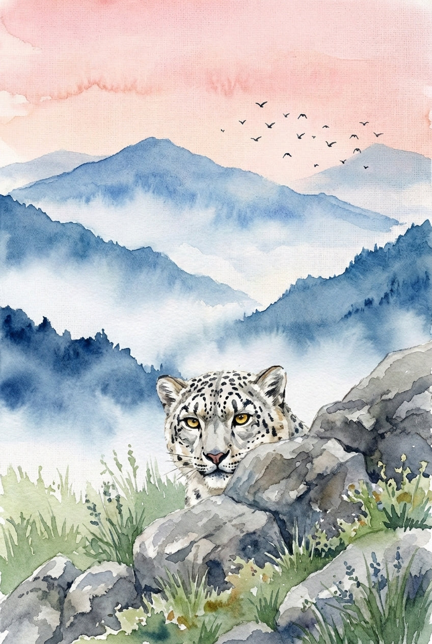 A soft watercolor illustration depicts a snow leopard peeking over a rocky ledge. The animal has pale fur with dark spots and striking yellow eyes. In the foreground, green grass and small wildflowers grow among grey stones. The background features layered mountain ranges in shades of blue, partially obscured by white mist. Above the mountains, a pale peach-pink sky is dotted with a small flock of birds flying in the distance.