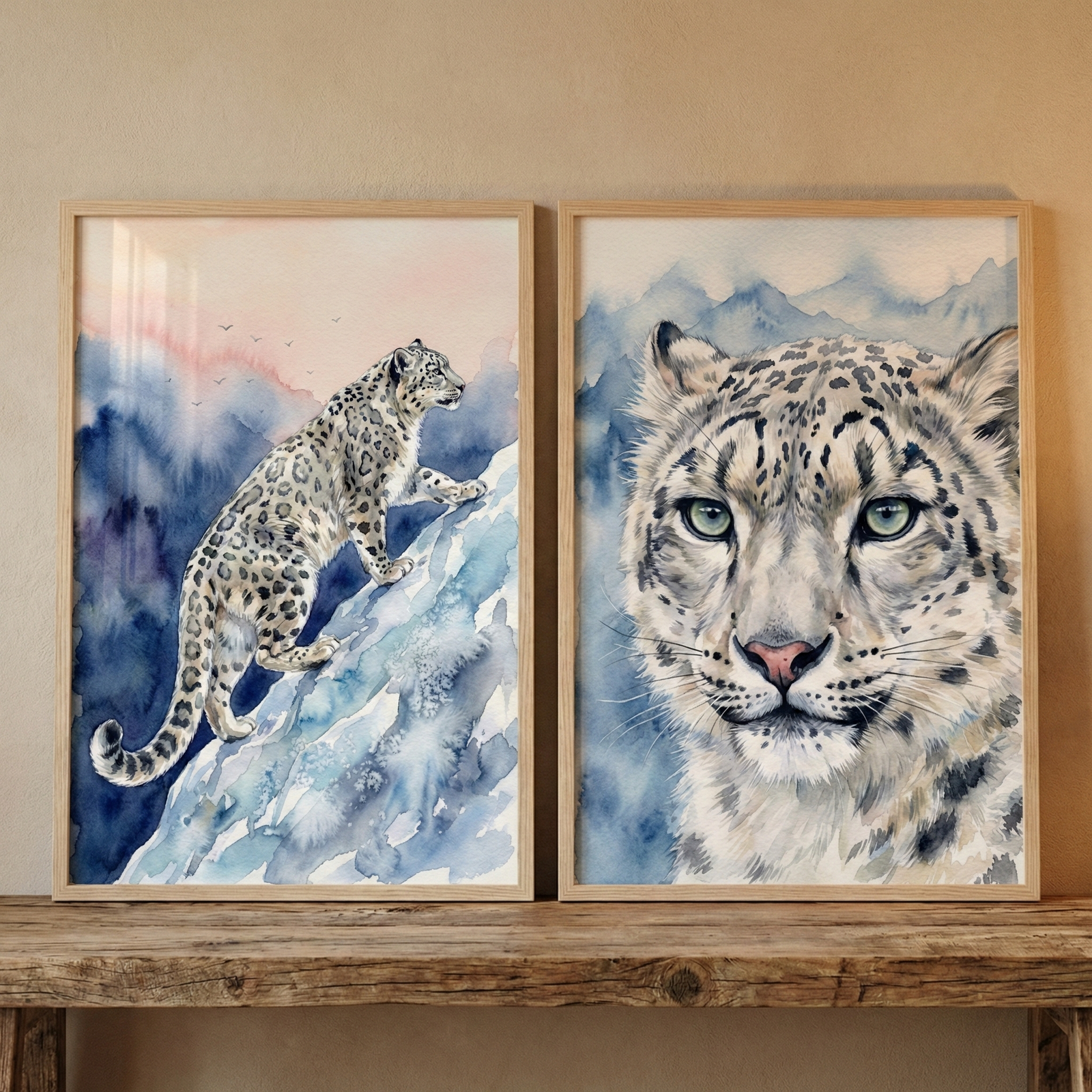 Two framed watercolor illustrations of snow leopards are displayed on a rustic wooden shelf. The left piece shows a full-bodied snow leopard climbing a blue, craggy mountain under a soft peach and pink sky. The right piece is a close-up portrait of a snow leopard’s head, featuring pale green eyes and a detailed spotted coat against a misty blue mountain backdrop. Both illustrations are set in simple light-wood frames against a neutral wall.