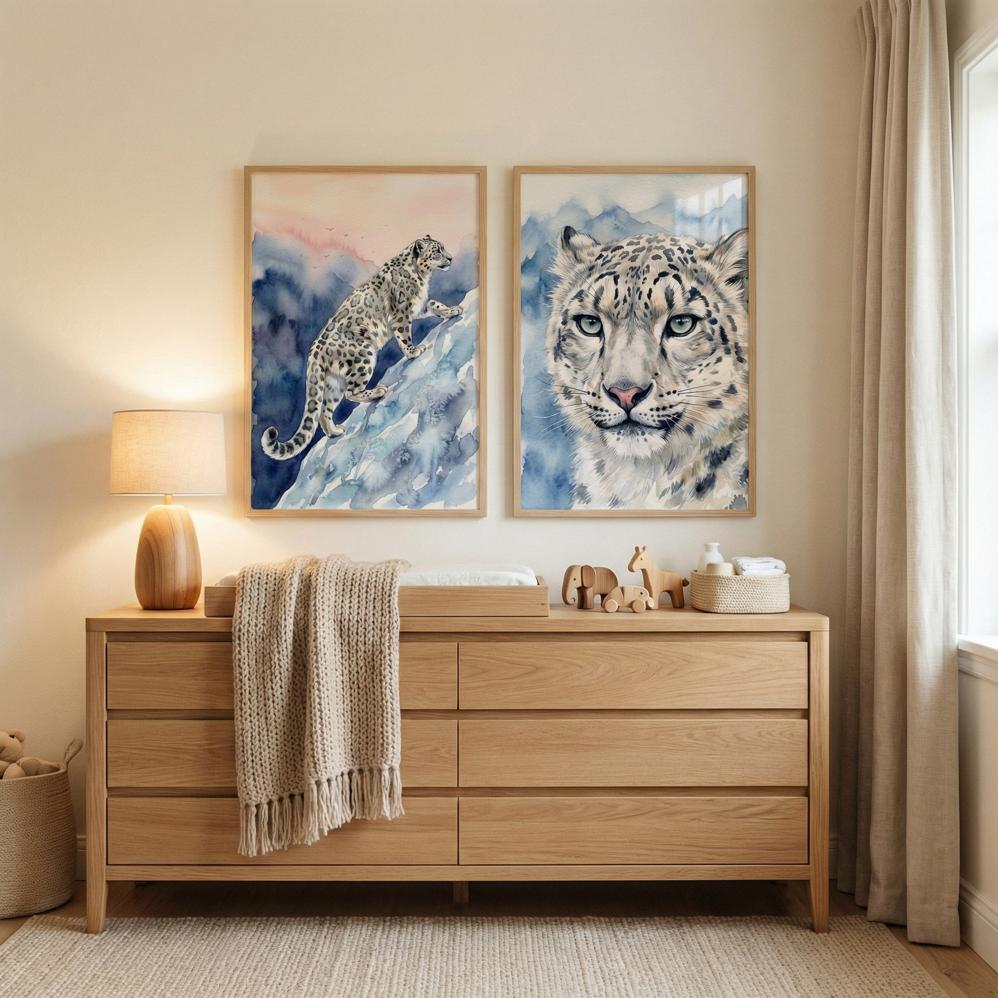 Watercolor Snow Leopard Wall Art Set of 2 - Snowy Mountain Spirit