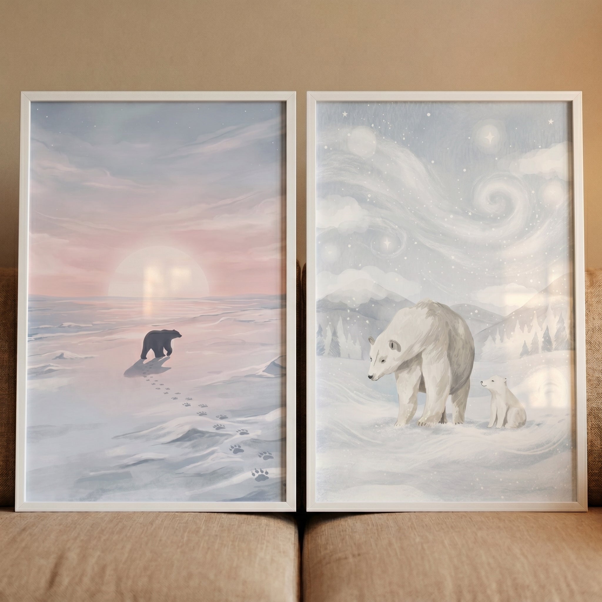Watercolor Snowy Polar Bear Wall Art Set of 2 - Arctic Bear Journey