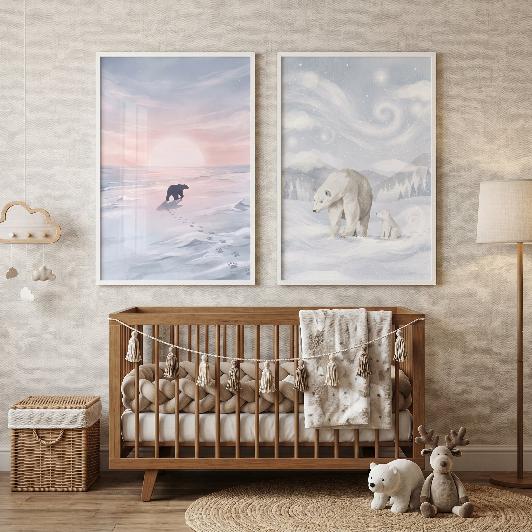 Watercolor Snowy Polar Bear Wall Art Set of 2 - Arctic Bear Journey