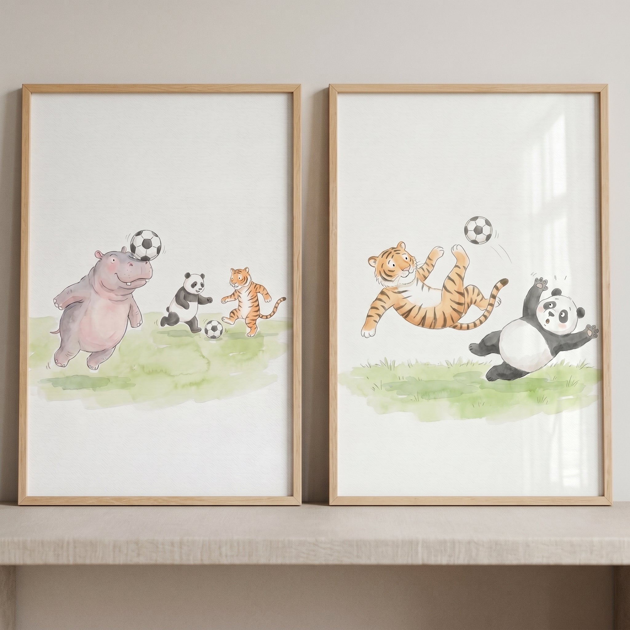 Watercolor Soccer Panda Tiger Wall Art Set of 2 - Animal Soccer Fun