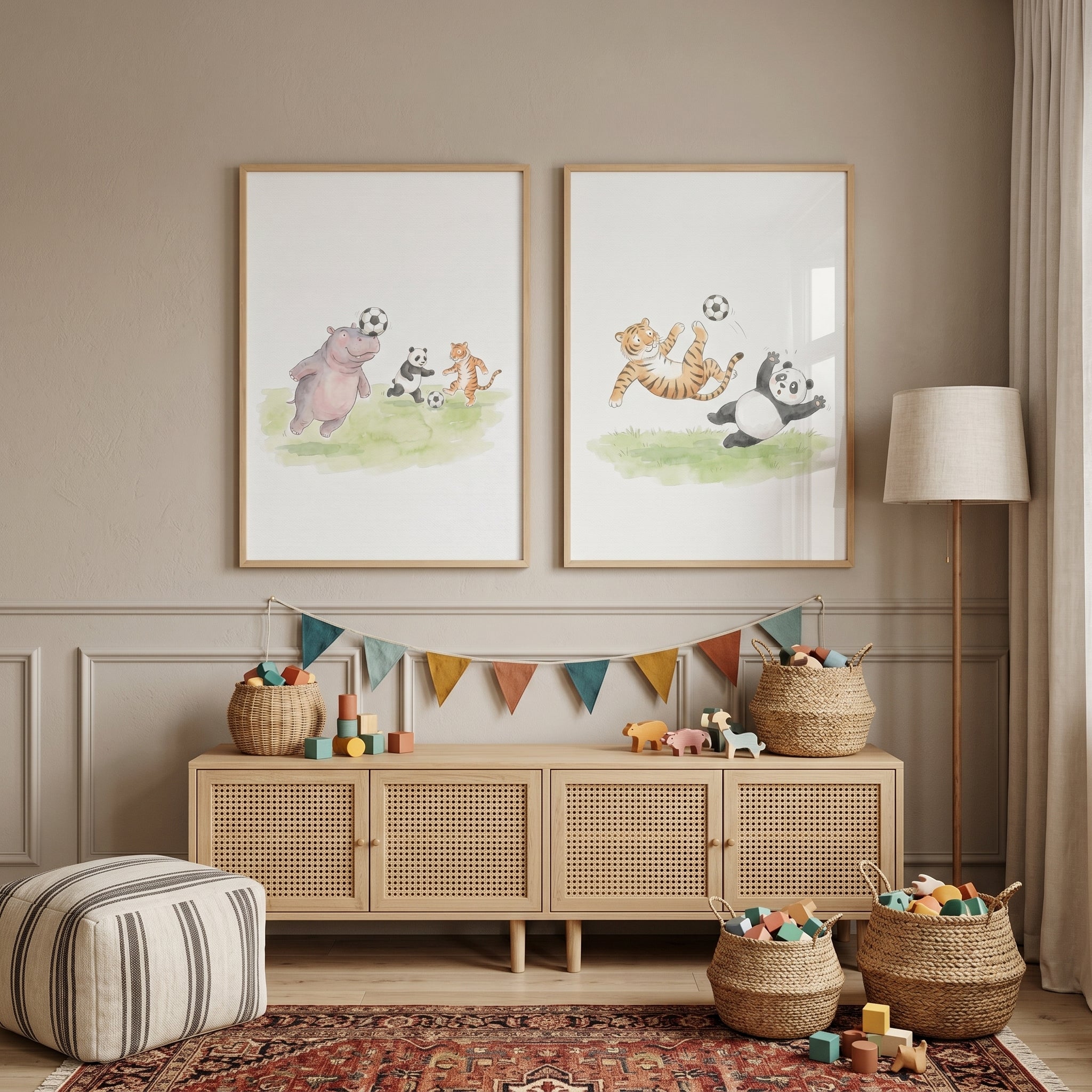 Watercolor Soccer Panda Tiger Wall Art Set of 2 - Animal Soccer Fun