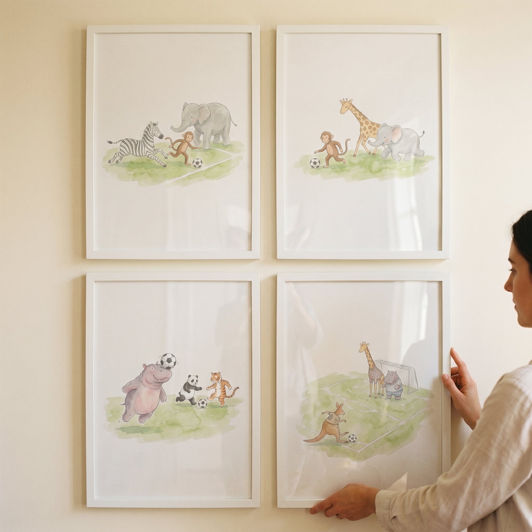 Watercolor Soccer Safari Animals Wall Art Set of 4 - Safari Soccer Fun
