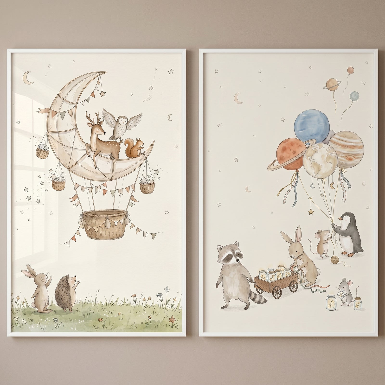 Watercolor soft astral animals wall art set of 2 features animals with a moon-shaped balloon and planet-shaped balloons.