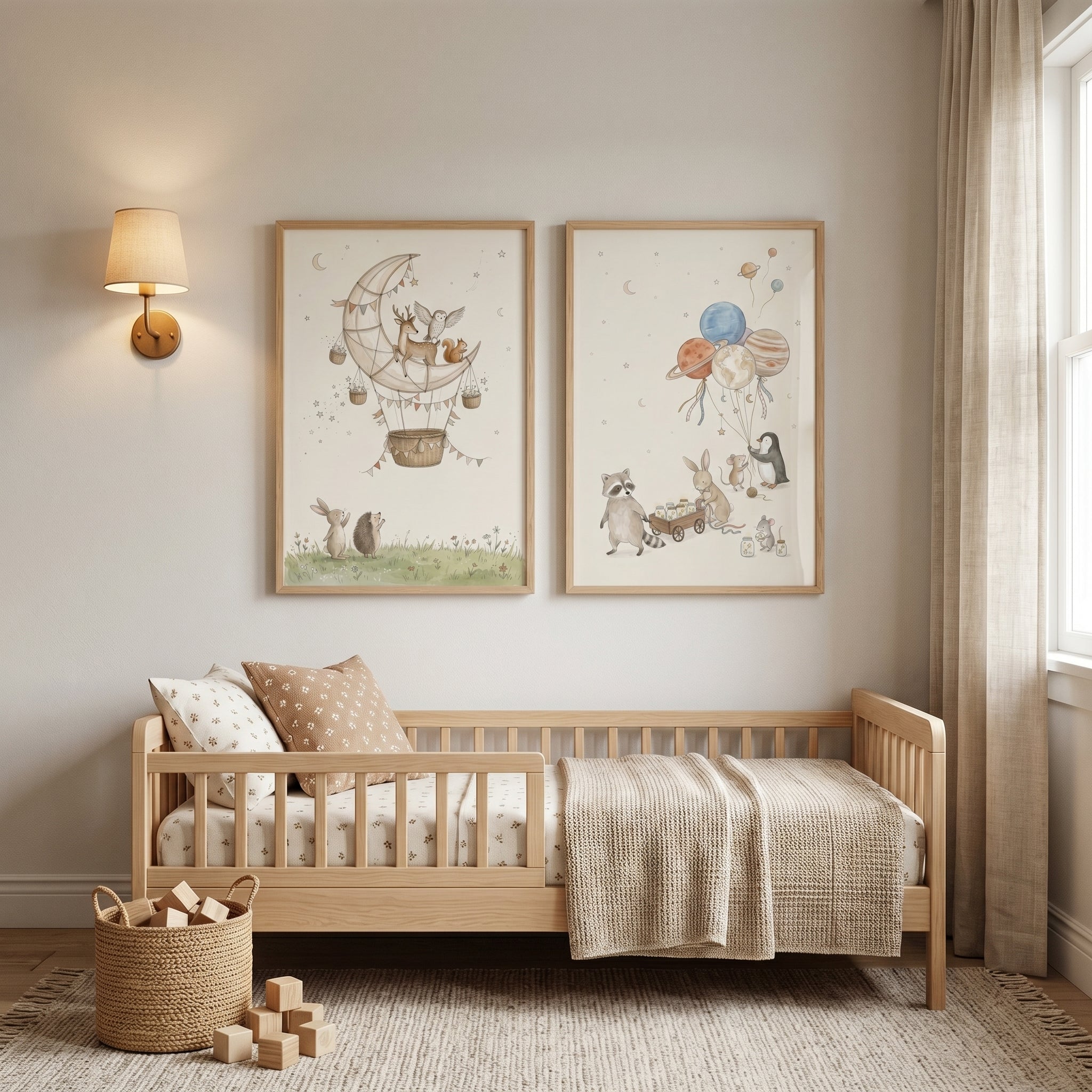 Watercolor Soft Astral Animals Wall Art Set of 2 - Whimsical Celestial Friends