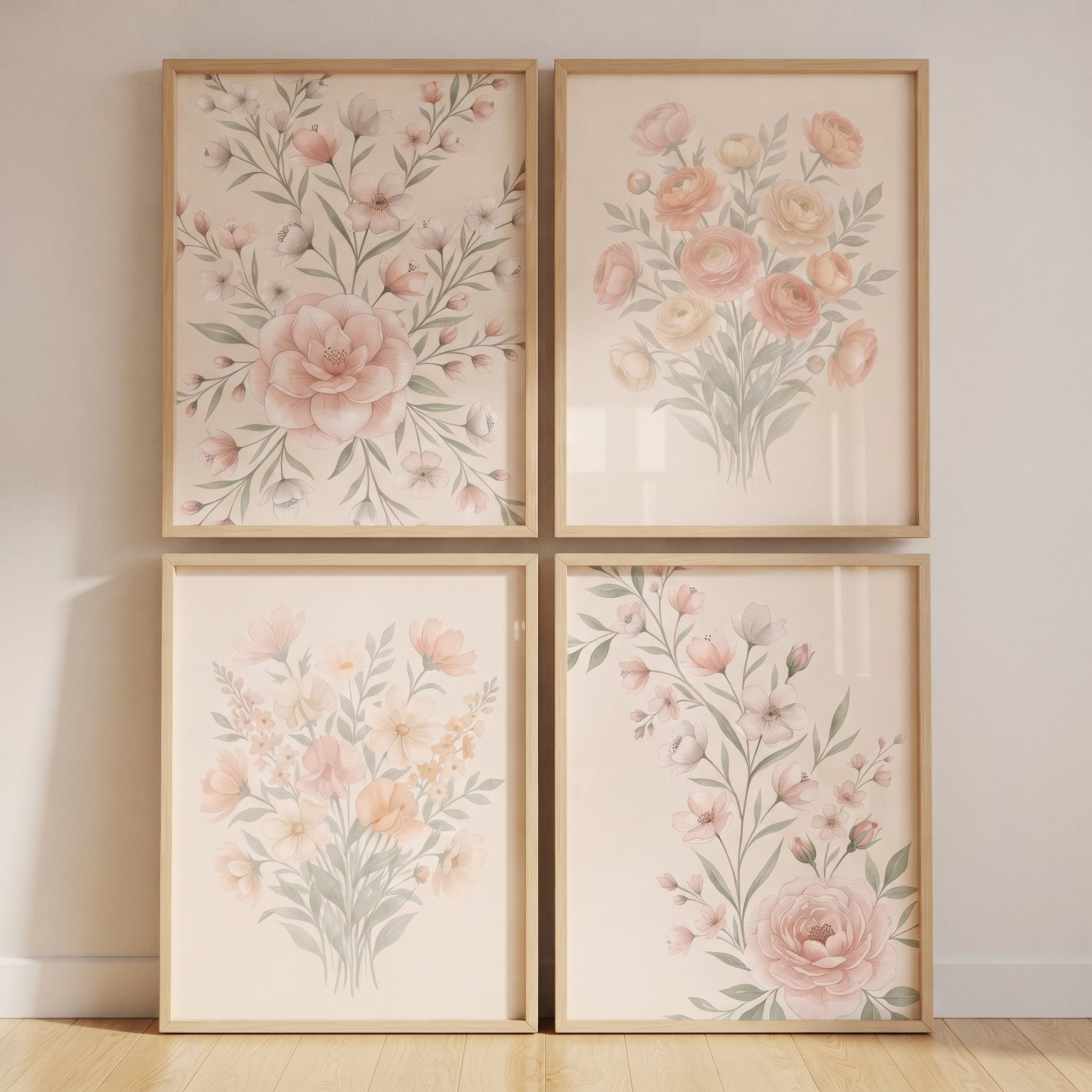 Watercolor soft peach floral wall art set of 4 displays delicate pink blossoms and green leaves in light wood frames.