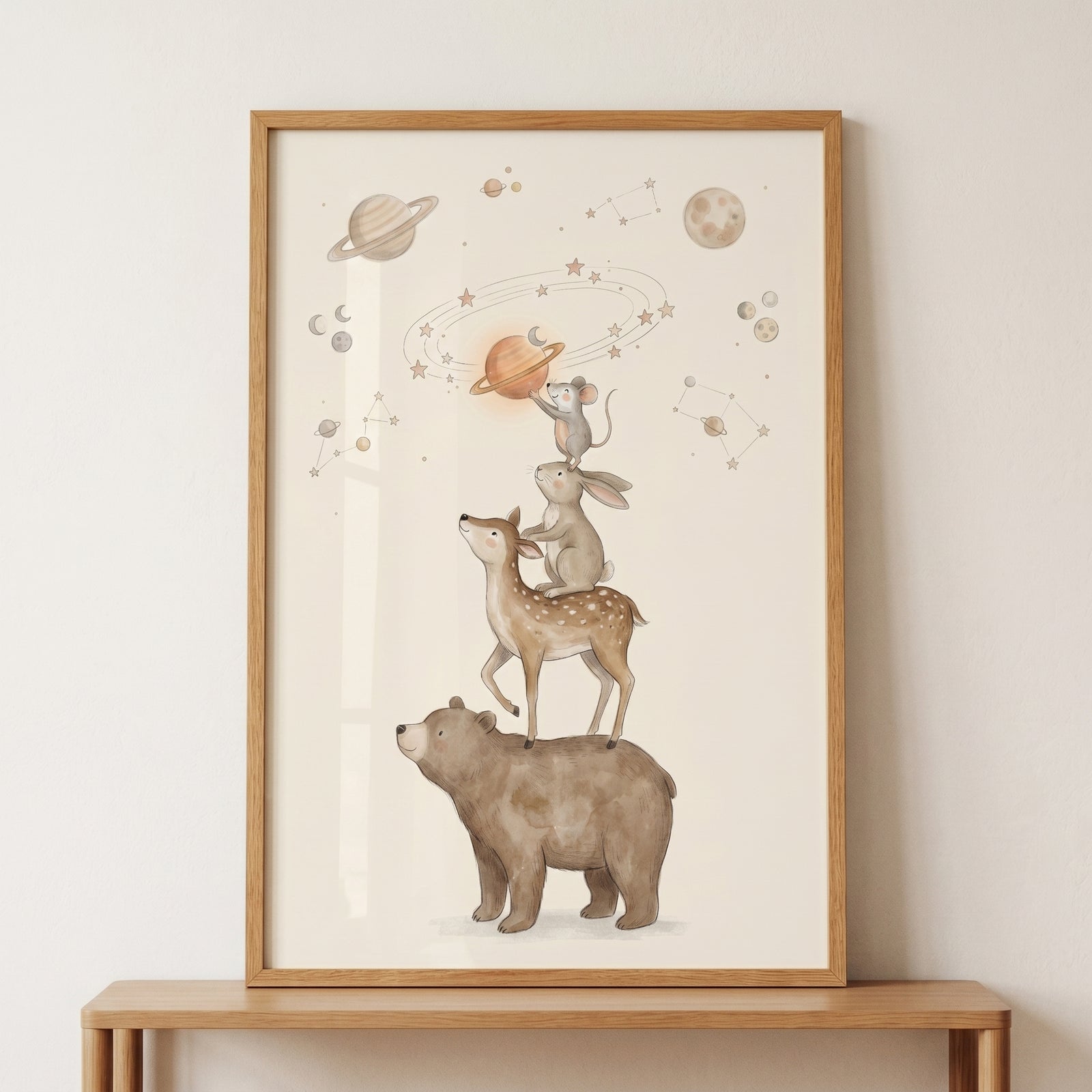 Watercolor space animals stack wall art featuring a bear, deer, rabbit, and mouse reaching for planets in a starry sky.