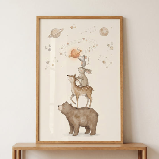 Watercolor space animals stack wall art featuring a bear, deer, rabbit, and mouse reaching for planets in a starry sky.