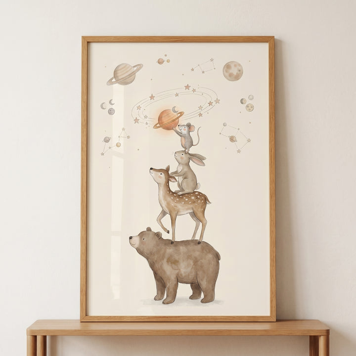 Watercolor space animals stack wall art featuring a bear, deer, rabbit, and mouse reaching for planets in a starry sky.
