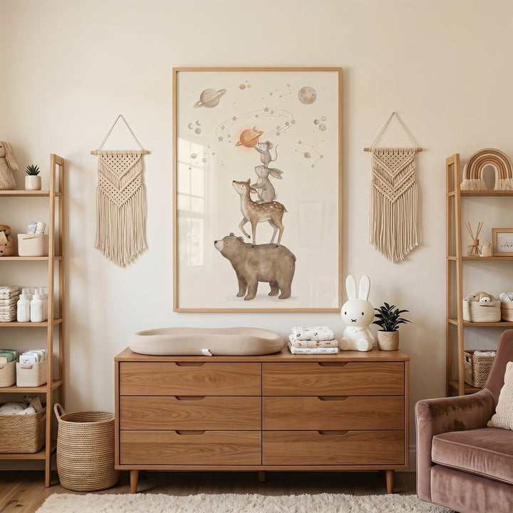 Watercolor space animals stack wall art above a wood dresser in a neutral nursery with macrame hangings and shelves.