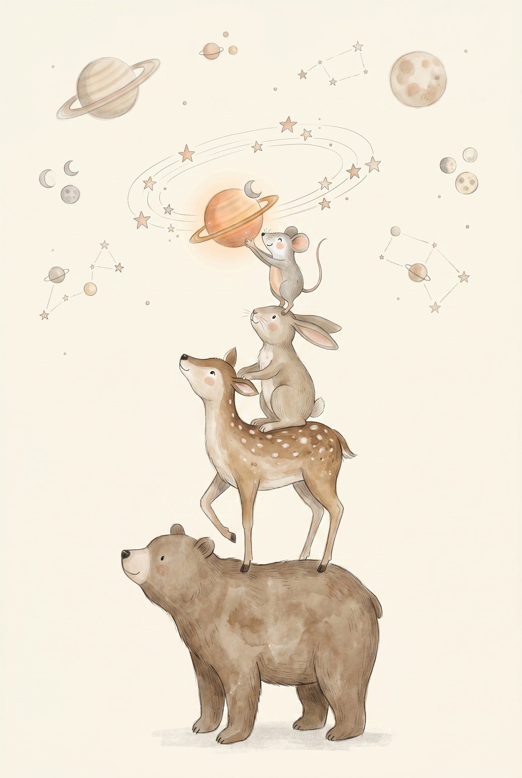 Watercolor Space Animals Stack Wall Art - Celestial Animal Stack