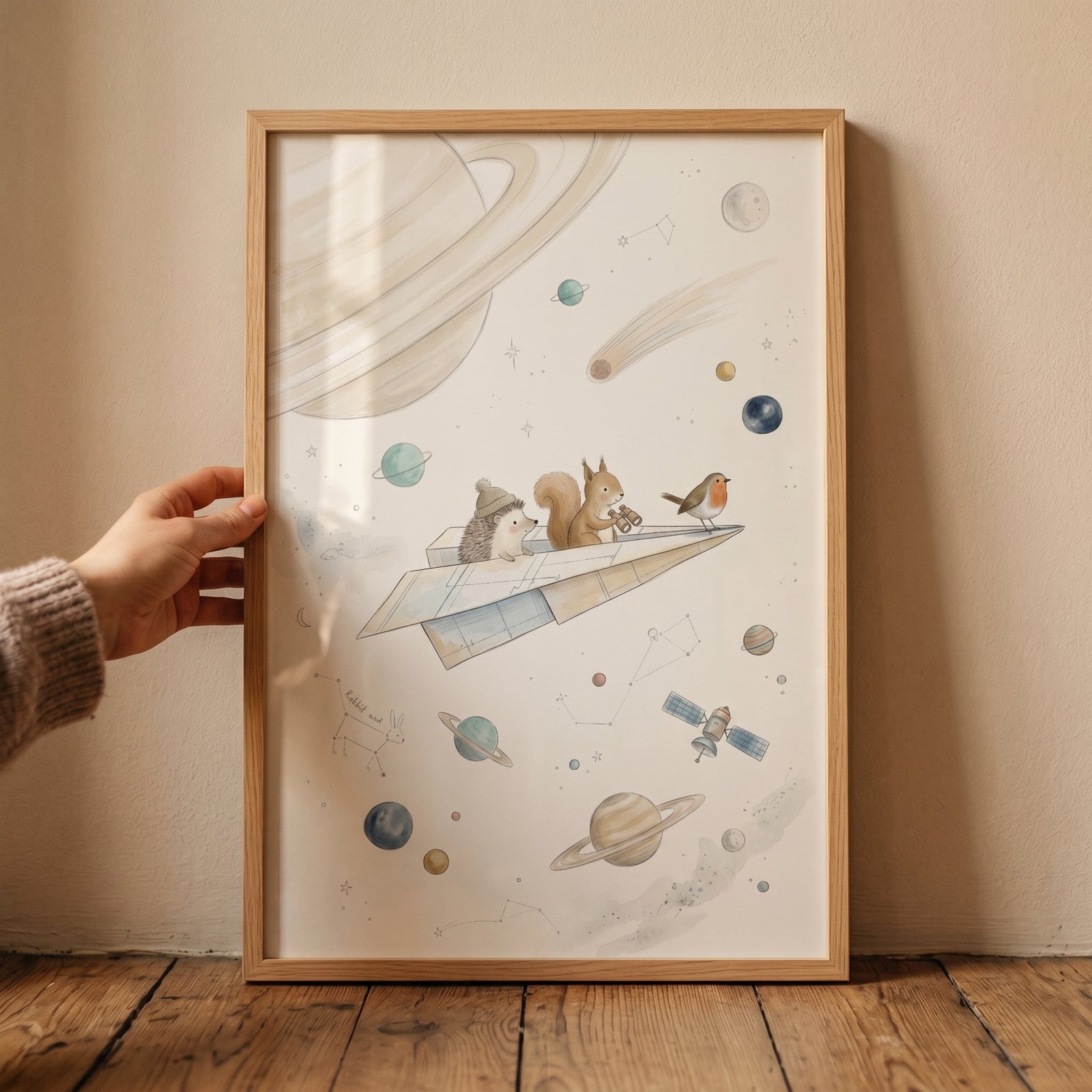 Framed watercolor space paper airplane wall art shows woodland animals on a paper plane flying past planets and stars.