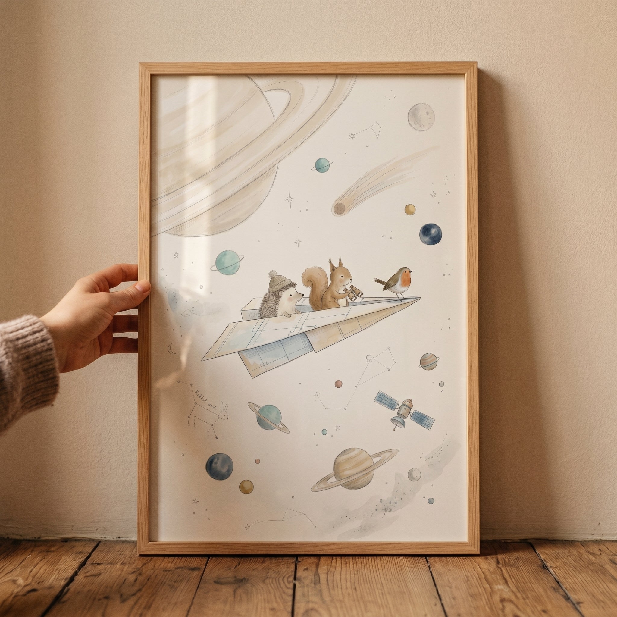 Watercolor Space Paper Airplane Wall Art - Celestial Paper Flight