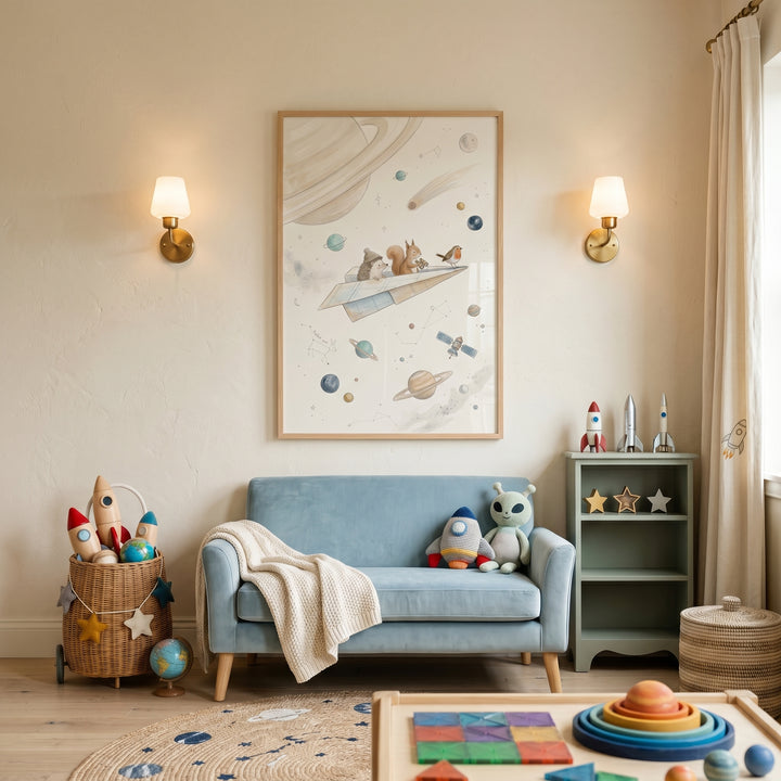 Kids' room with watercolor space paper airplane wall art above a blue sofa, toy rockets, and gold wall sconces.