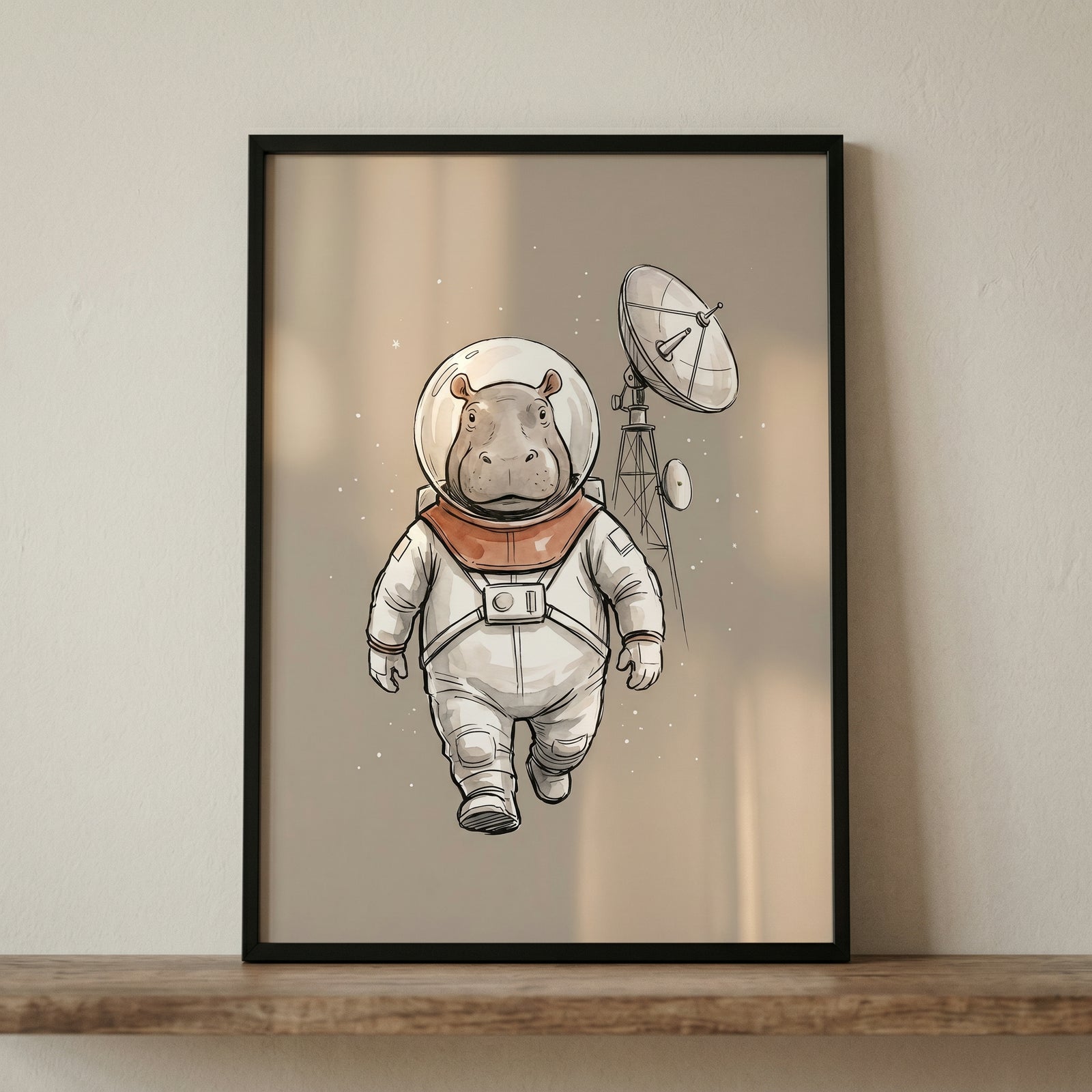 Watercolor space suit hippo wall art shows a hippo astronaut walking in front of a satellite dish and stars.