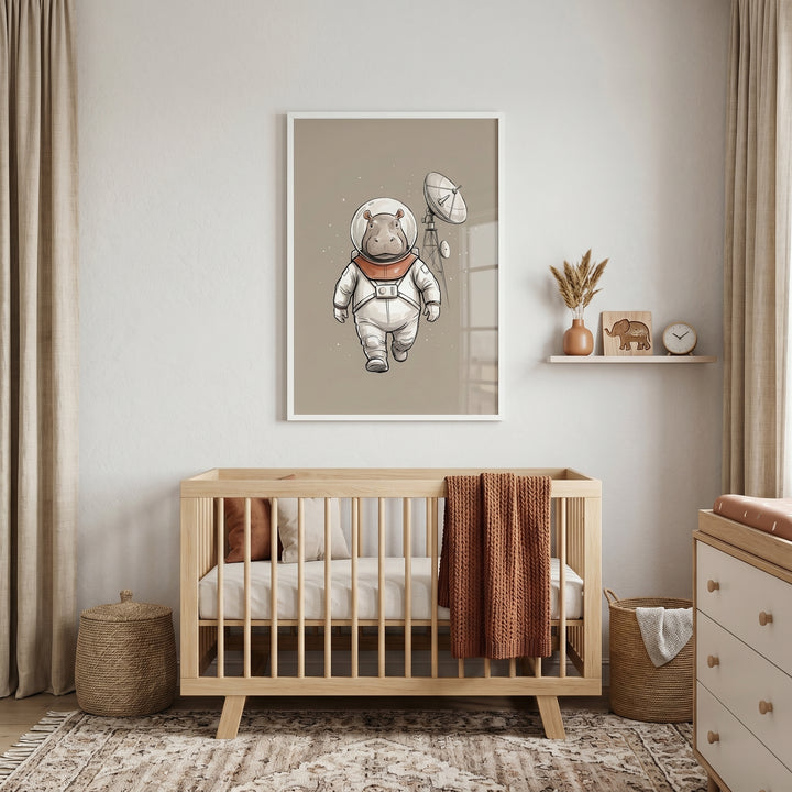 Neutral nursery featuring a wooden crib, earth-toned decor, and watercolor space suit hippo wall art.