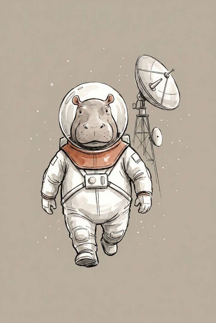 Watercolor space suit hippo wall art with a hippo astronaut walking past a satellite dish antenna against stars.