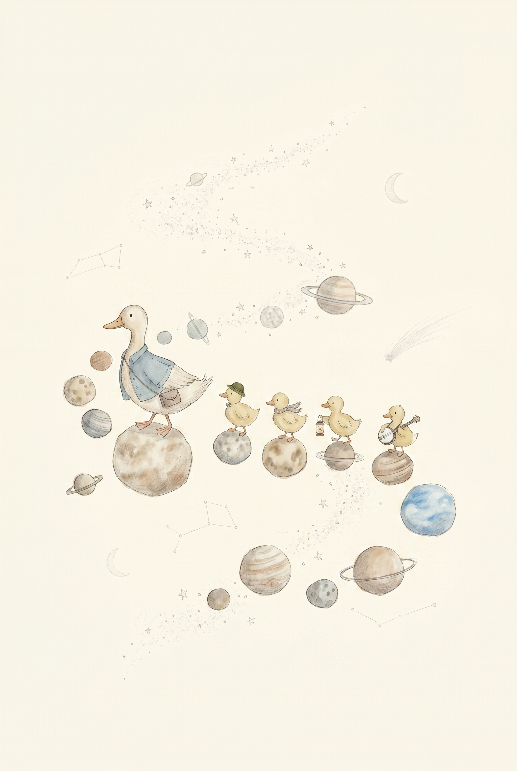Watercolor Space Walking Duck Wall Art - Cosmic Duckling Parade