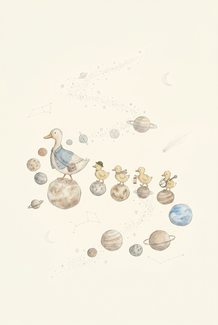 Watercolor space walking duck wall art with a duck and ducklings stepping across planets through a starry galaxy.