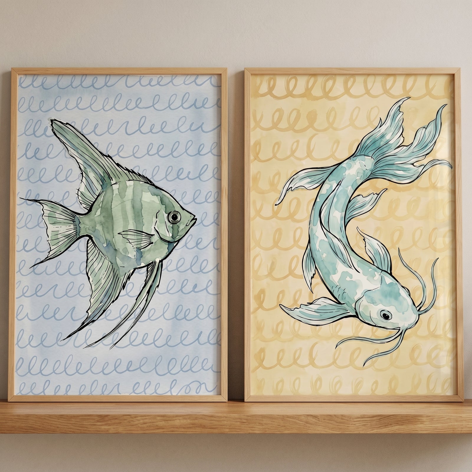 Two framed prints of an angelfish and a koi. Watercolor spiral pattern fish wall art set of 2.