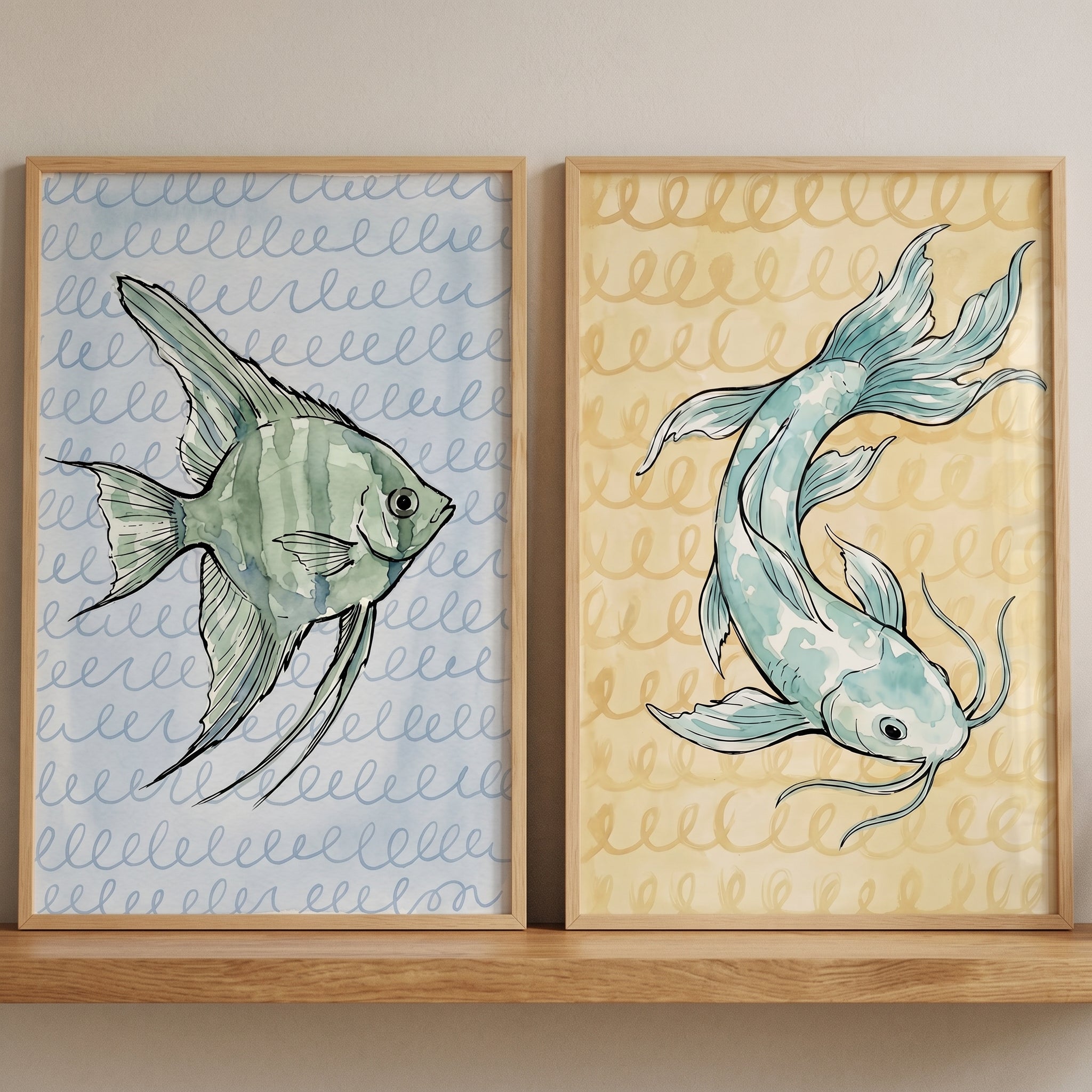 Watercolor Spiral Pattern Fish Wall Art Set of 2 - Watercolor Fish Duo