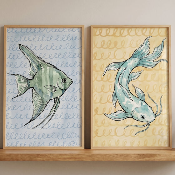 Two framed prints of an angelfish and a koi. Watercolor spiral pattern fish wall art set of 2.