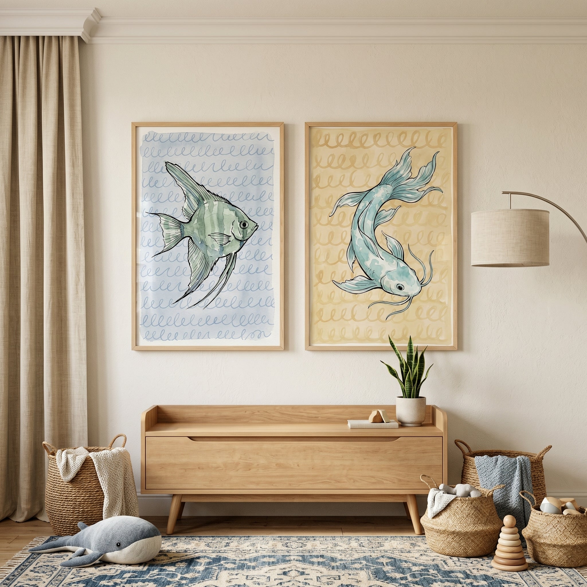 Watercolor Spiral Pattern Fish Wall Art Set of 2 - Watercolor Fish Duo