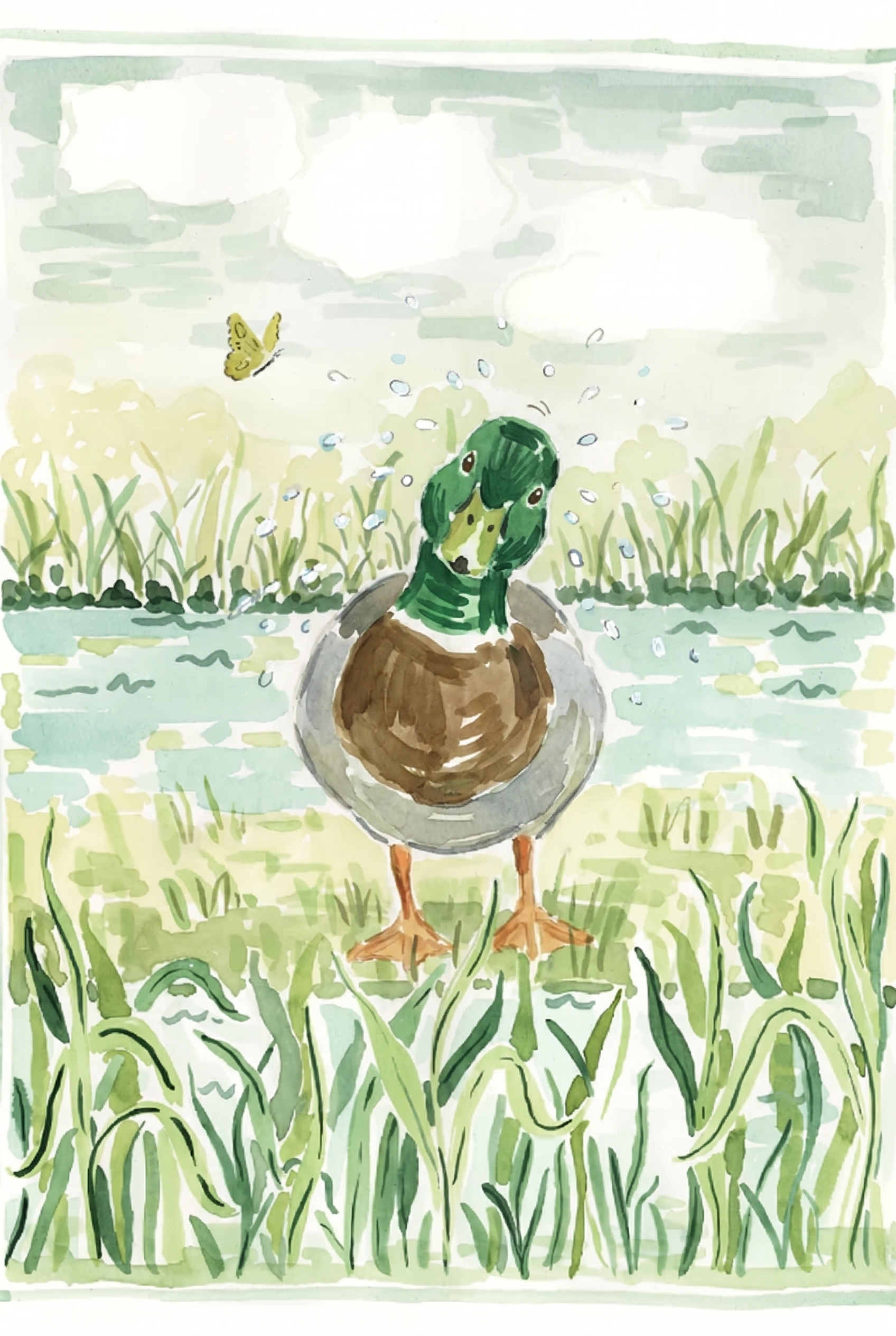 Watercolor Splashing Mallard Duck Wall Art - Shaking Mallard Duck