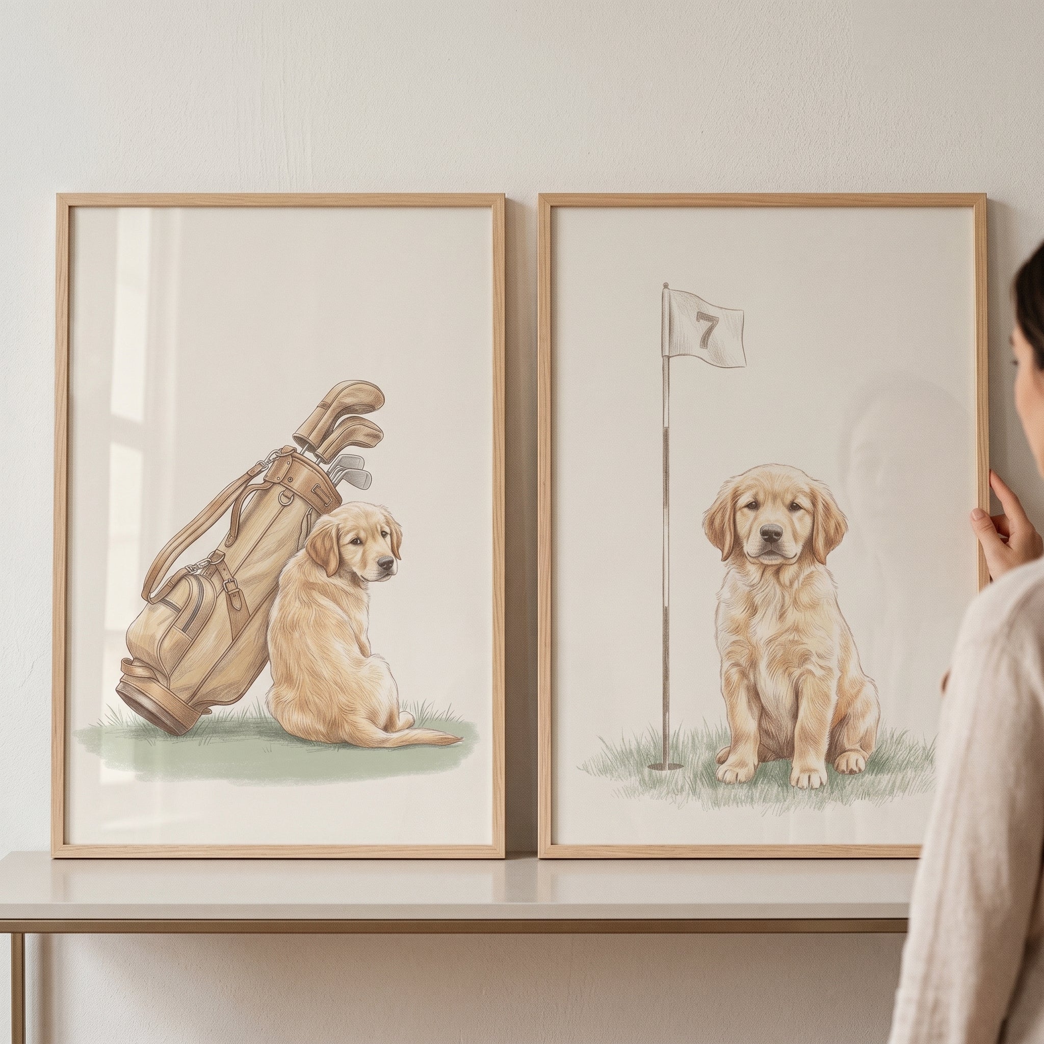Watercolor Sporting Golden Retriever Wall Art Set of 2 - Puppy Golf Pro