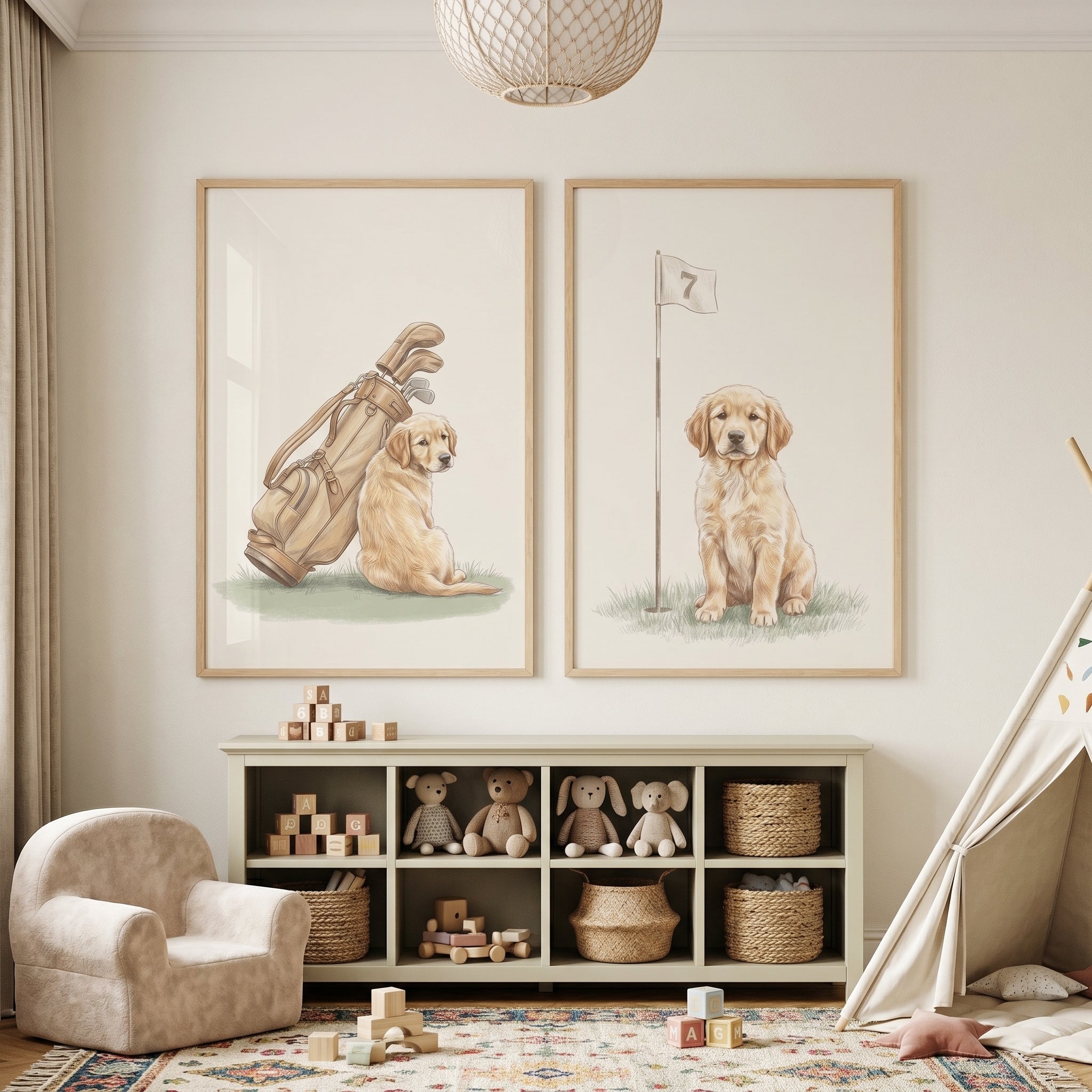Watercolor Sporting Golden Retriever Wall Art Set of 2 - Puppy Golf Pro