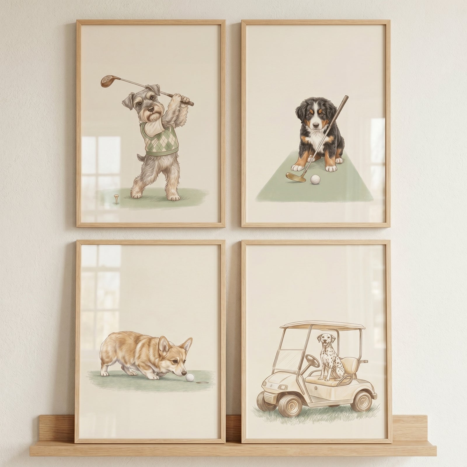 watercolor sporting golfing dogs wall art set of 4 includes dogs swinging clubs, posing with balls, and a golf cart.