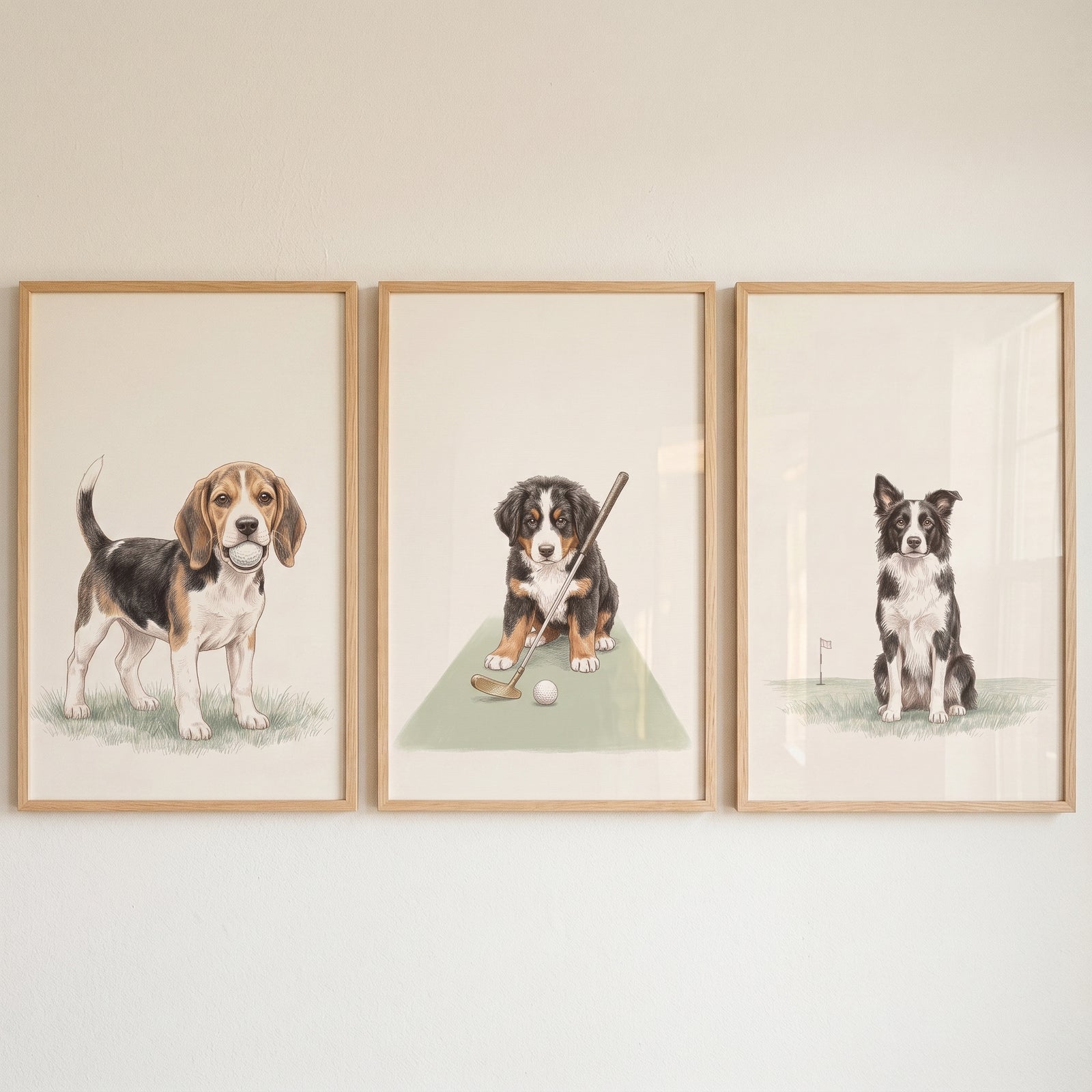 Watercolor sportsman golfing dog wall art set of 3 with a beagle, mountain dog, and border collie.