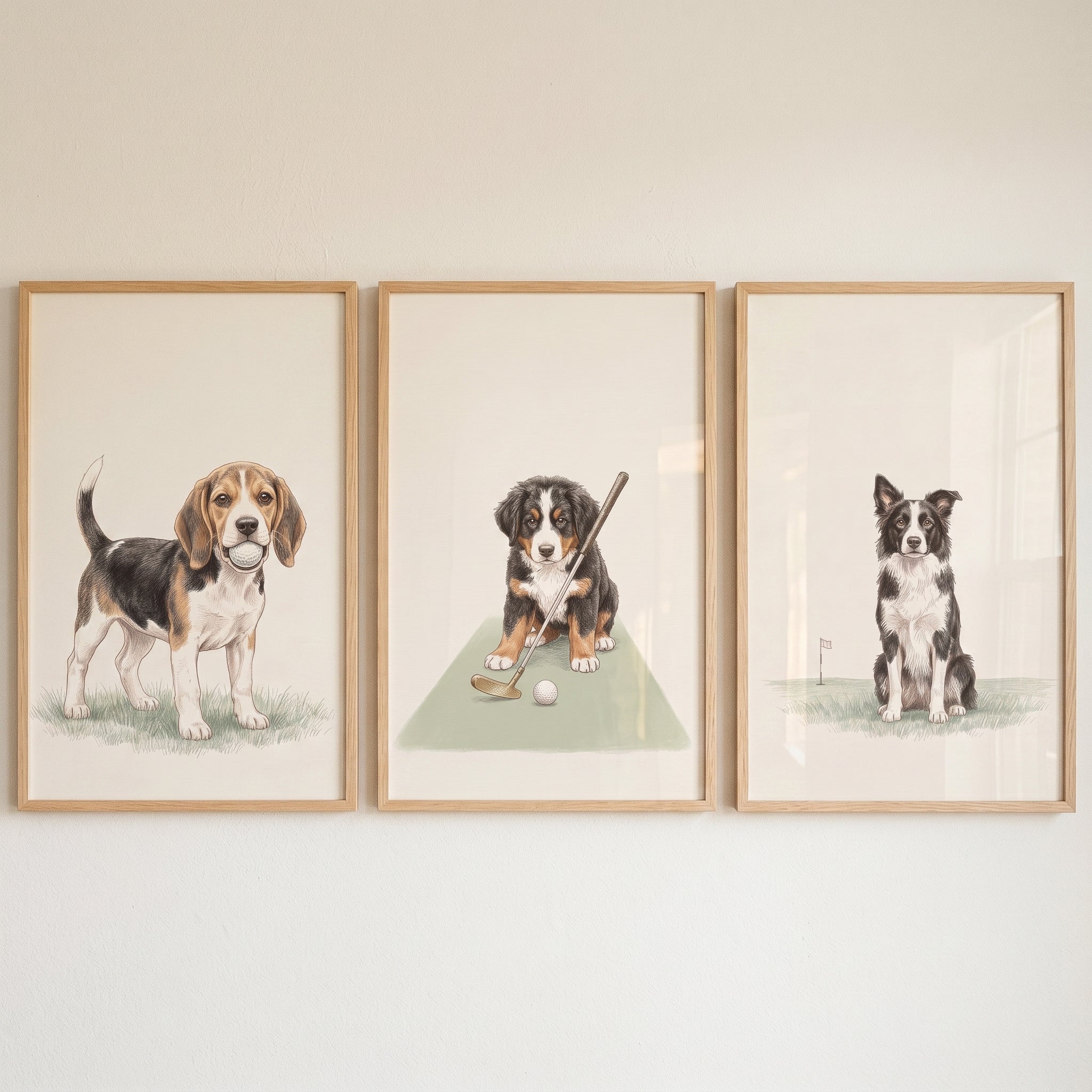 Watercolor Sportsman Golfing Dog Wall Art Set of 3 - Playful Golf Dogs
