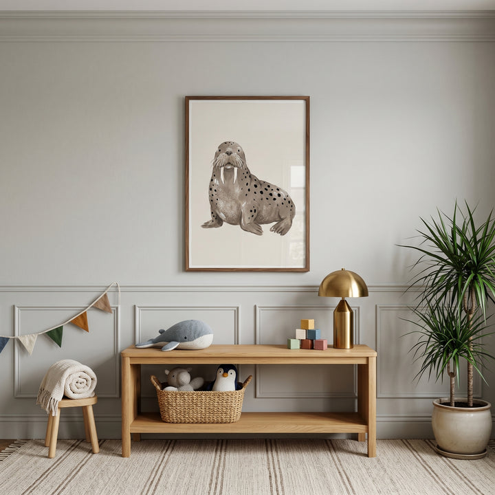 Watercolor spotted brown walrus wall art above a wooden bench with toys, a gold lamp, and a potted plant in a nursery.