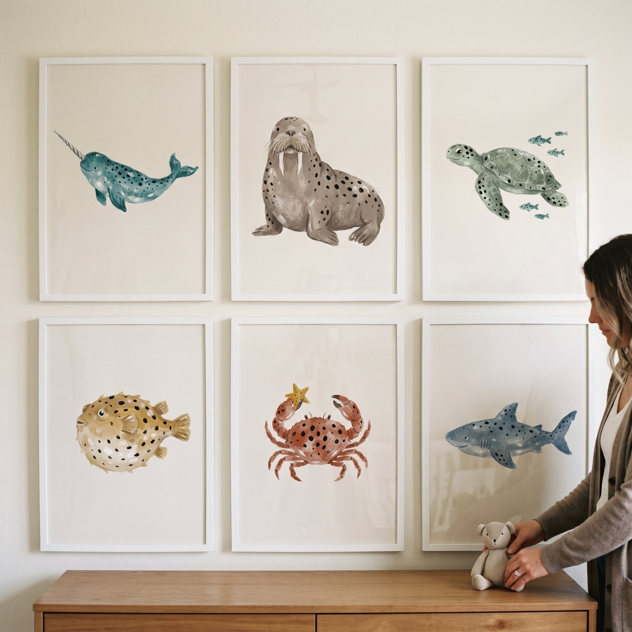 Watercolor Spotted Sea Animal Wall Art Set of 6 - Whimsical Sea Creatures