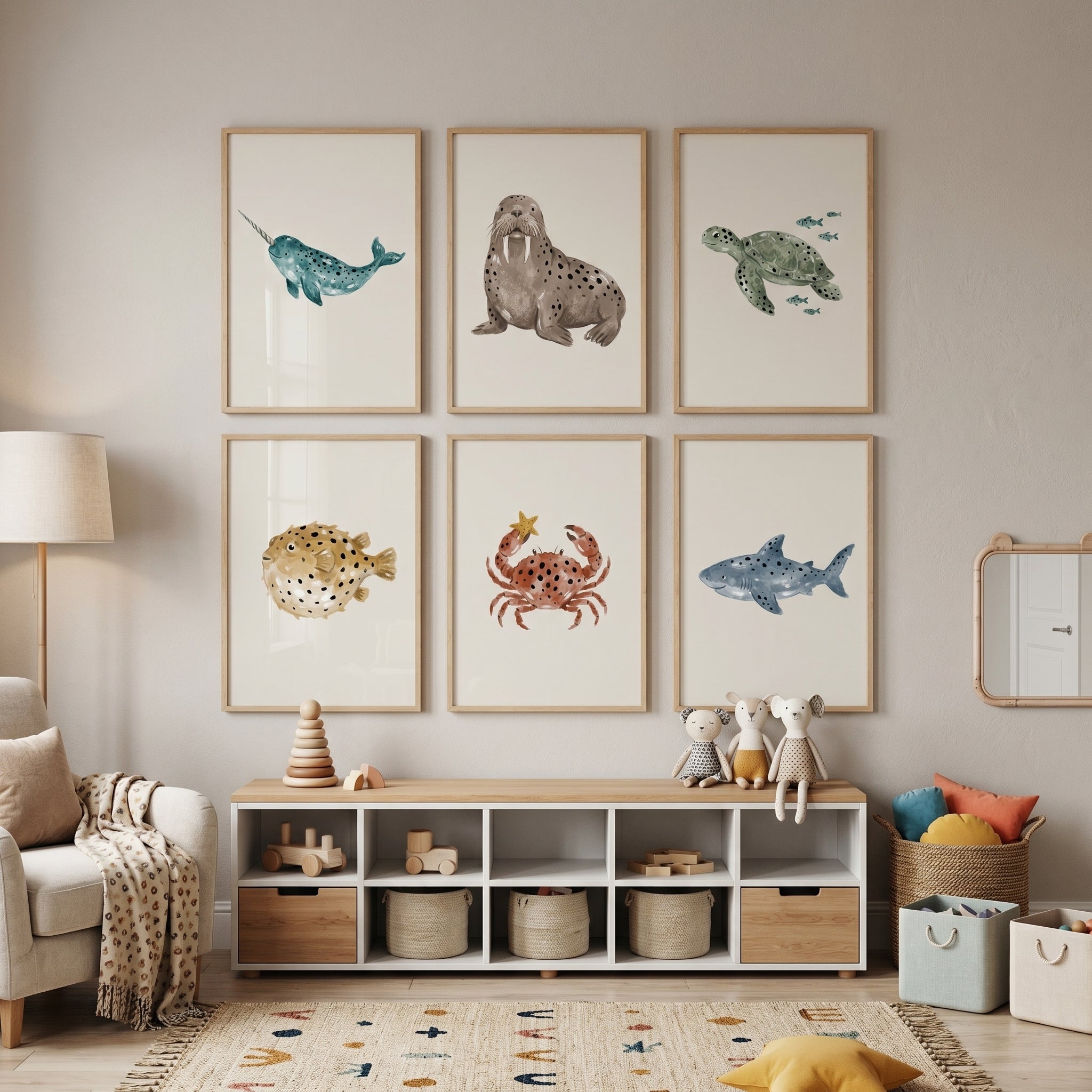 Watercolor Spotted Sea Animal Wall Art Set of 6 - Whimsical Sea Creatures