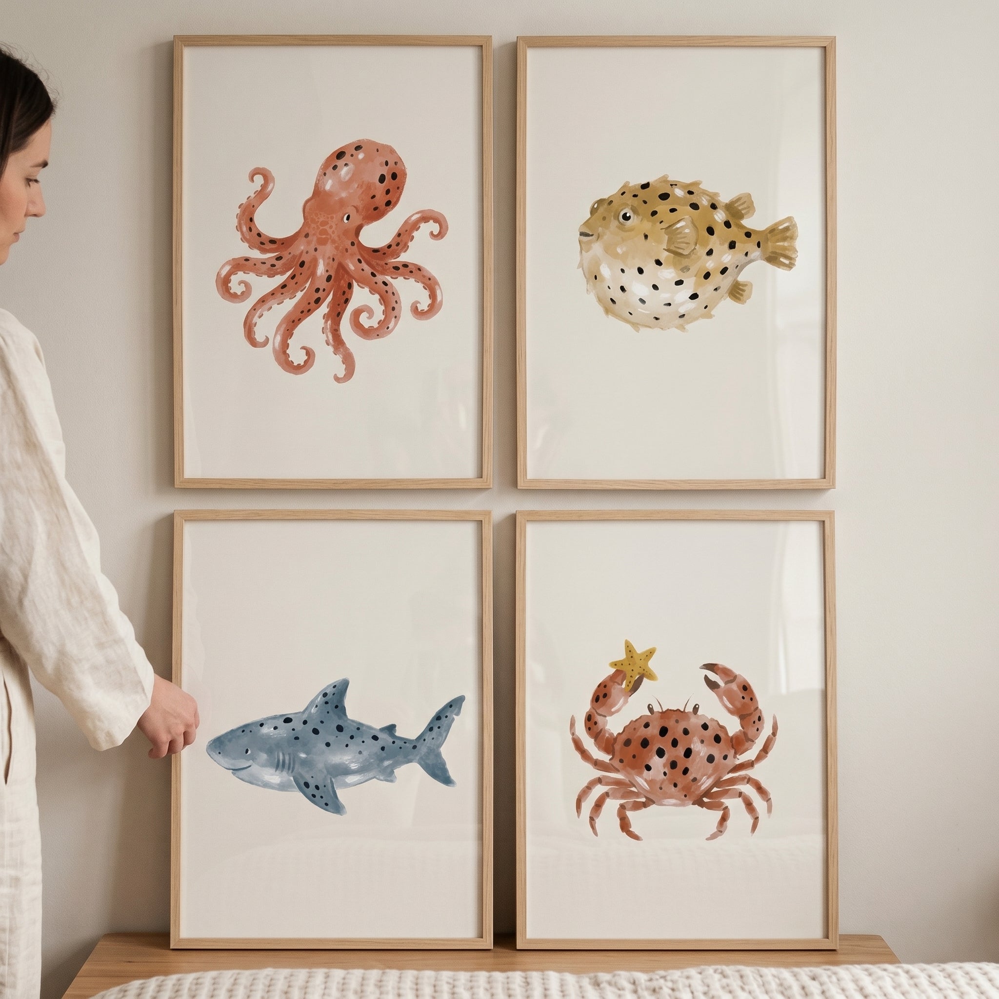 Watercolor Spotted Sea Creature Wall Art Set of 4 - Watercolor Ocean Friends