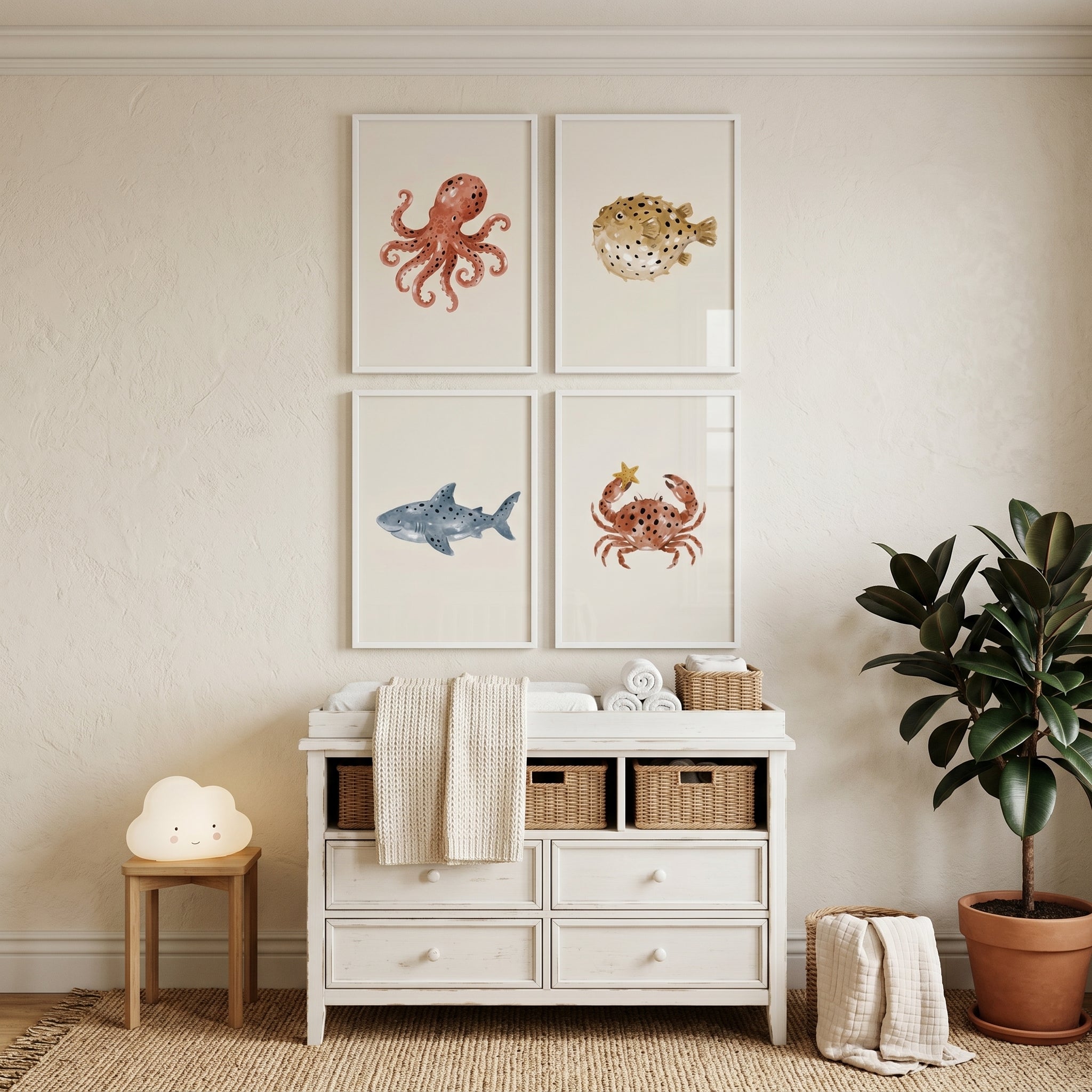 Watercolor Spotted Sea Creature Wall Art Set of 4 - Watercolor Ocean Friends