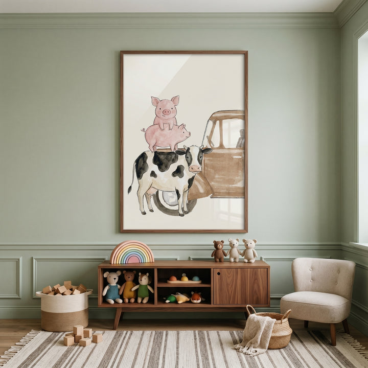 A nursery with watercolor stacked farm animals wall art above a wooden console filled with plush toys and blocks.