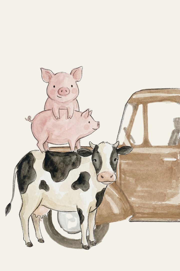 Watercolor stacked farm animals wall art with two pink pigs balanced on a spotted cow next to a brown truck.