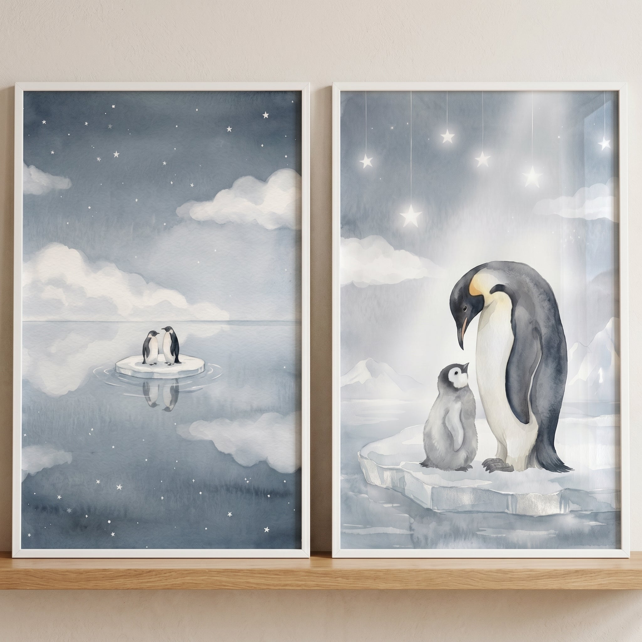 Watercolor Starry Blue Penguin Wall Art Set of 2 - Arctic Starry Sky