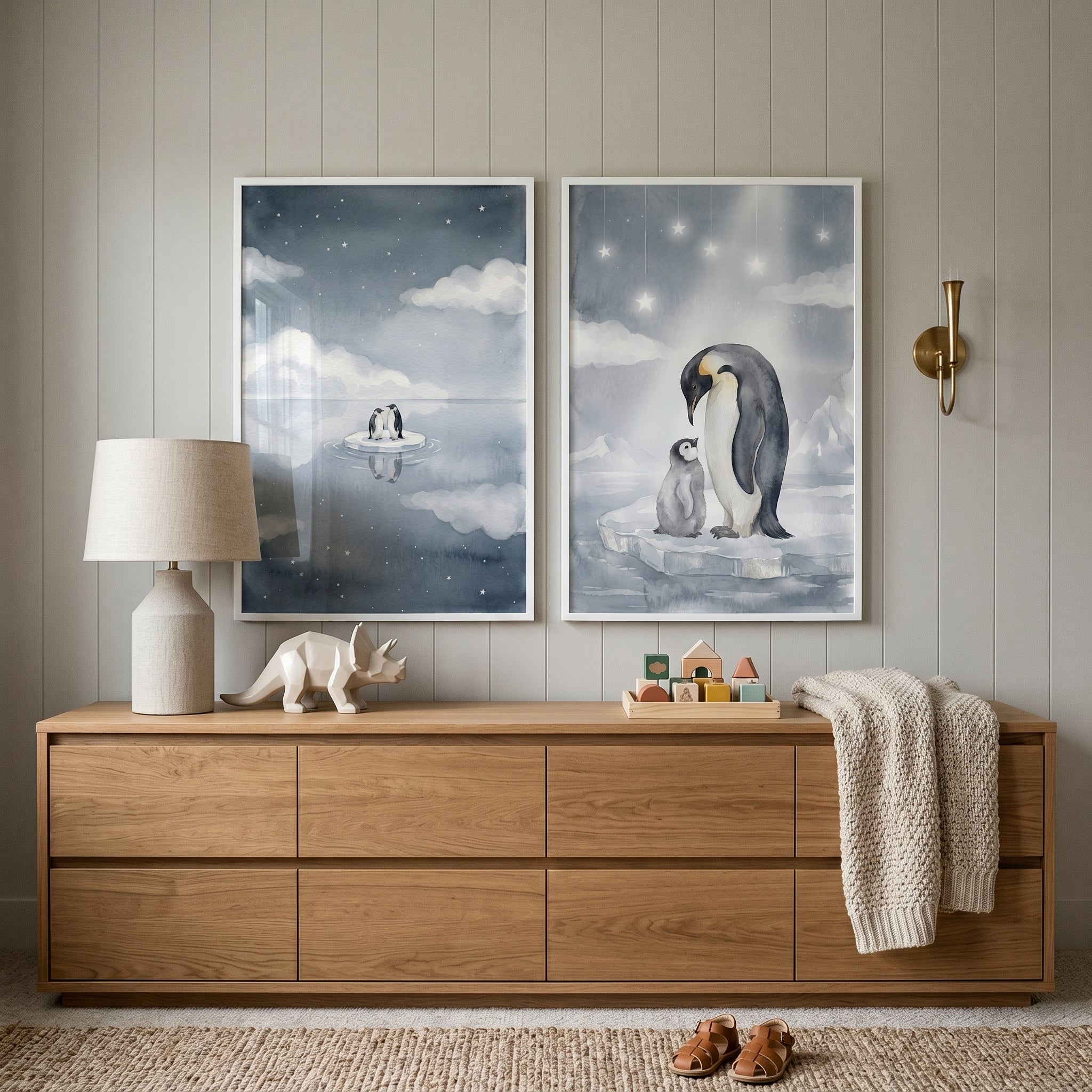 Watercolor Starry Blue Penguin Wall Art Set of 2 - Arctic Starry Sky