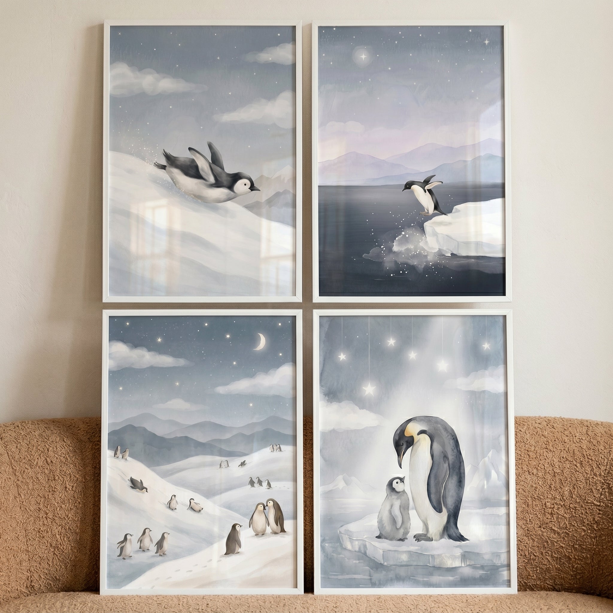 Watercolor Starry Sky Penguin Wall Art Set of 4 - Arctic Penguin Tales