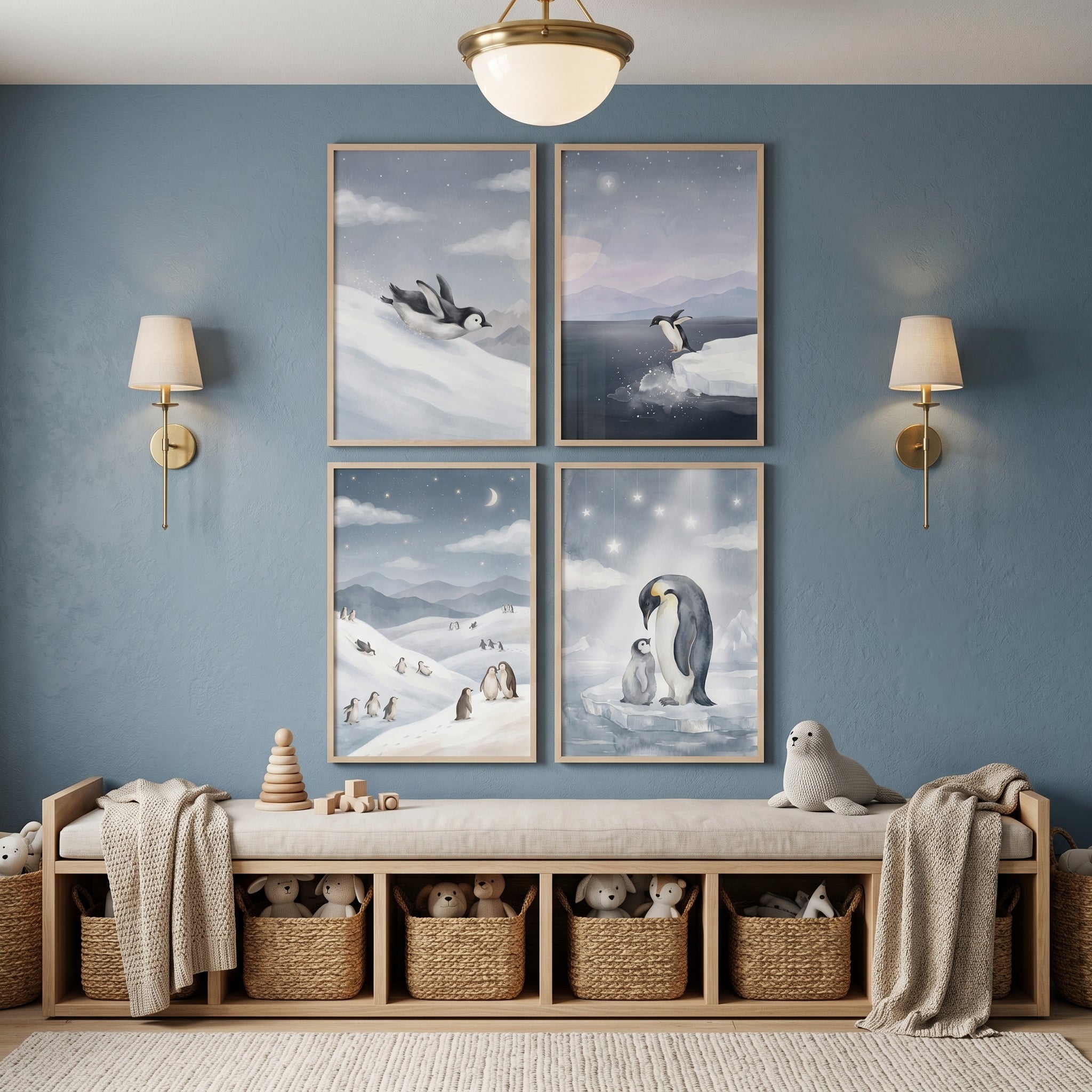 Watercolor Starry Sky Penguin Wall Art Set of 4 - Arctic Penguin Tales